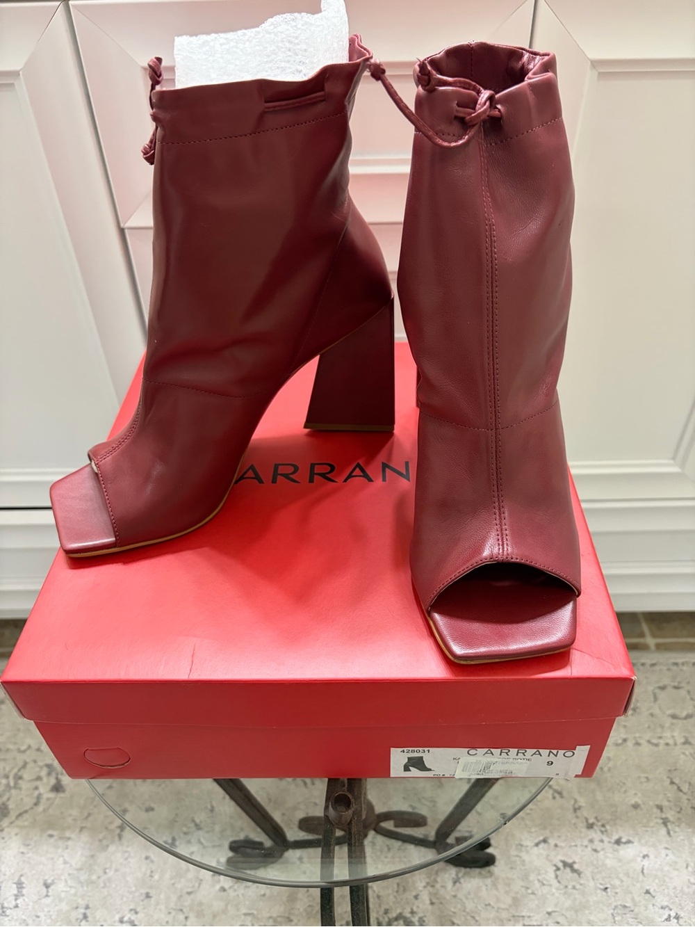 Carrano Burgundy Peep-Toe Block Heel Ankle Boots